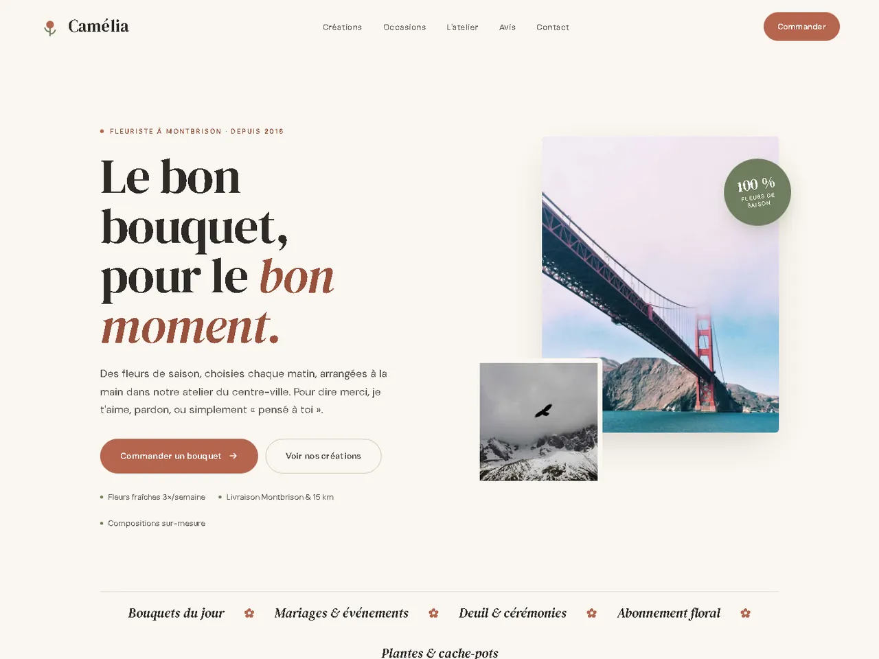 Capture d'écran d'un site de fleuriste artisanale — démonstration Webconnecte (Caméla, créations florales, livraison, atelier)