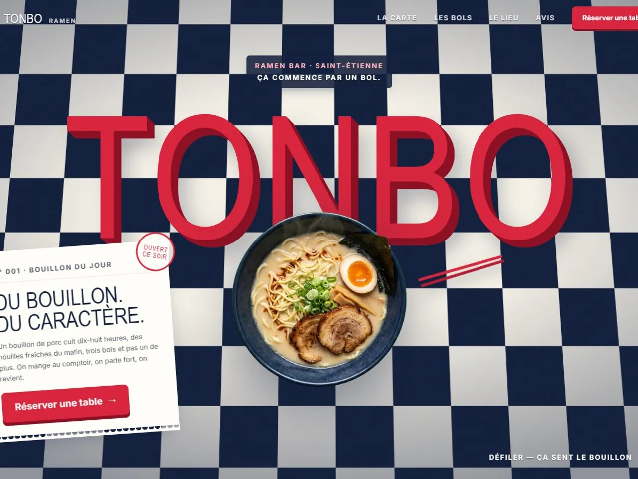 Capture d'écran d'un site de ramen bar — démonstration Webconnecte (Tonbo Ramen, bol vu de dessus sur nappe à damier, carte, carrousel des bols)